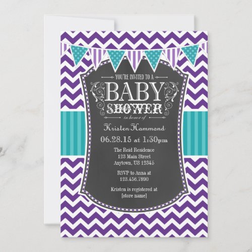 Teal Purple Chalkboard Chevron Baby Shower Invite