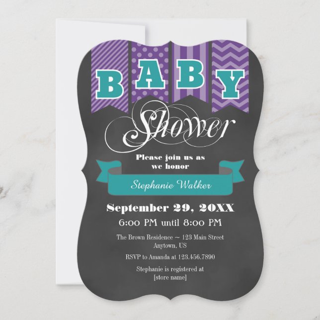 Teal Purple Chalkboard Flag Baby Shower Invite (Front)