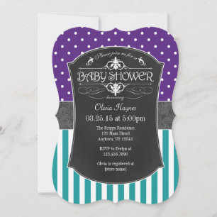 Teal Purple Chalkboard Stripes Baby Shower Invite