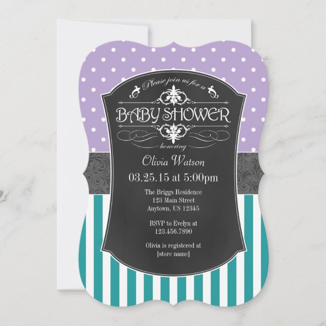 Teal Purple Chalkboard Stripes Baby Shower Invite (Front)