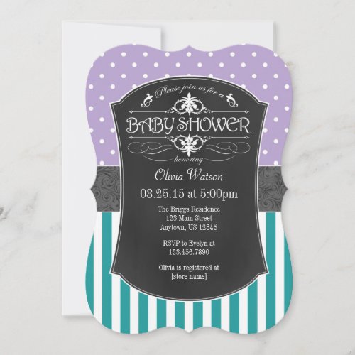 Teal Purple Chalkboard Stripes Baby Shower Invite