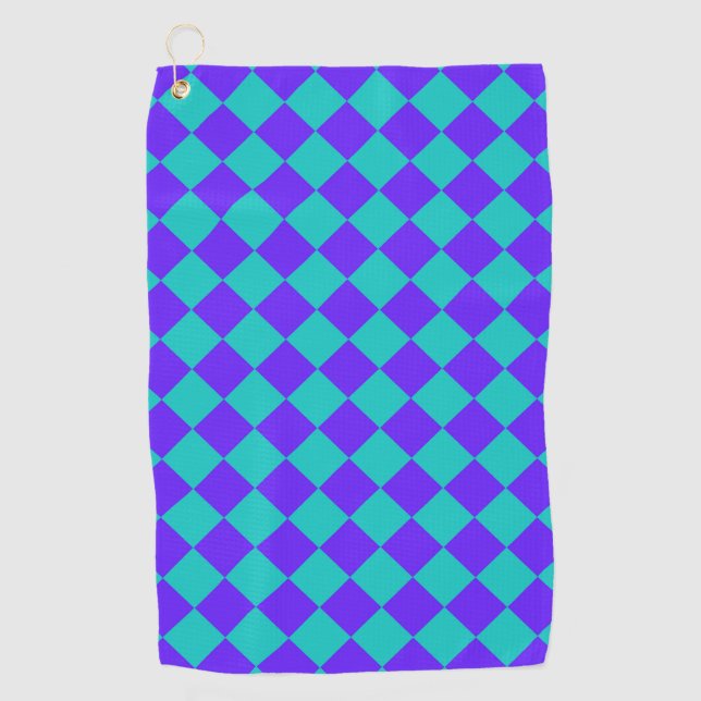 Teal Purple Checker Diamond Pattern Golf Towel (Front)