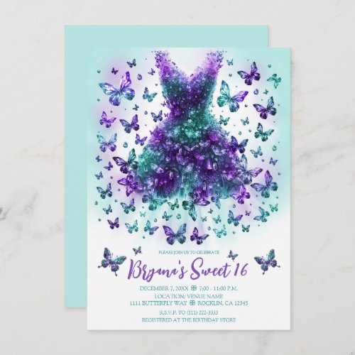 Teal  Purple Crystal Butterfly Dress  Invitation