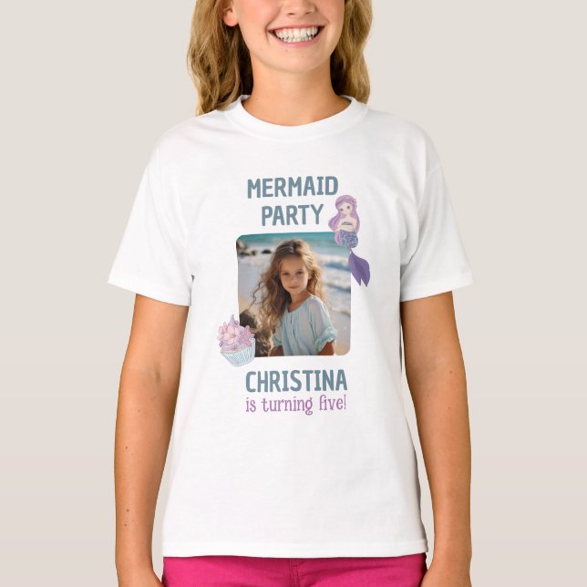 Teal Purple Custom Photo Mermaid Birthday Party T-Shirt (Front)