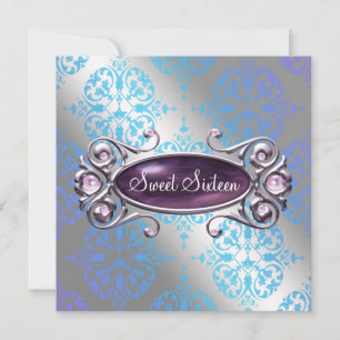Teal Purple Damask Sweet 16 Birthday Party Invitation