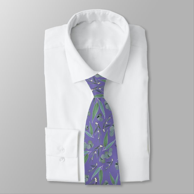 Teal Purple Eucalyptus Greenery Pattern Neck Tie (Tied)