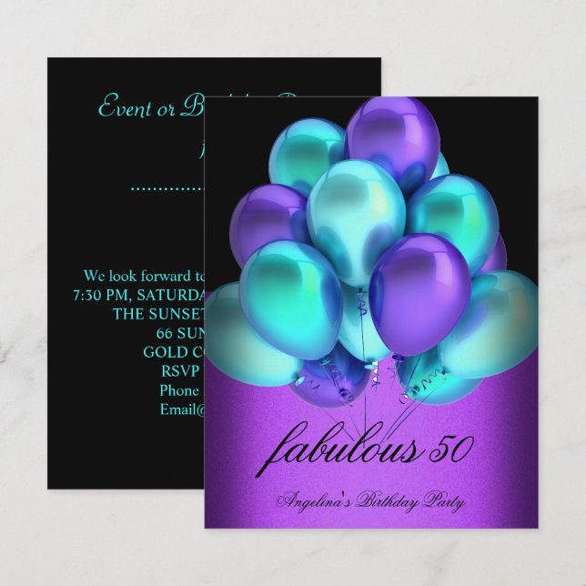 Teal Purple Fabulous Black Balloons Party Invitation (Front/Back)