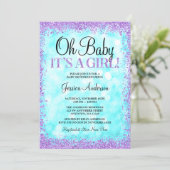 Teal Purple Faux Glitter Lights Girl Baby Shower Invitation (Standing Front)
