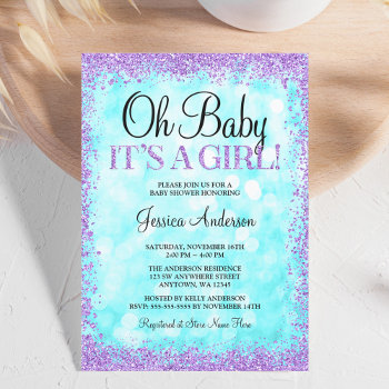 Teal Purple Faux Glitter Lights Girl Baby Shower Invitation by printcreekstudio at Zazzle