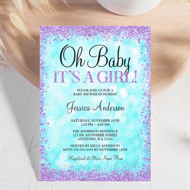 Teal Purple Faux Glitter Lights Girl Baby Shower Invitation