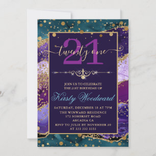 Teal & Purple & Faux Gold Glitter Agate Birthday Invitation