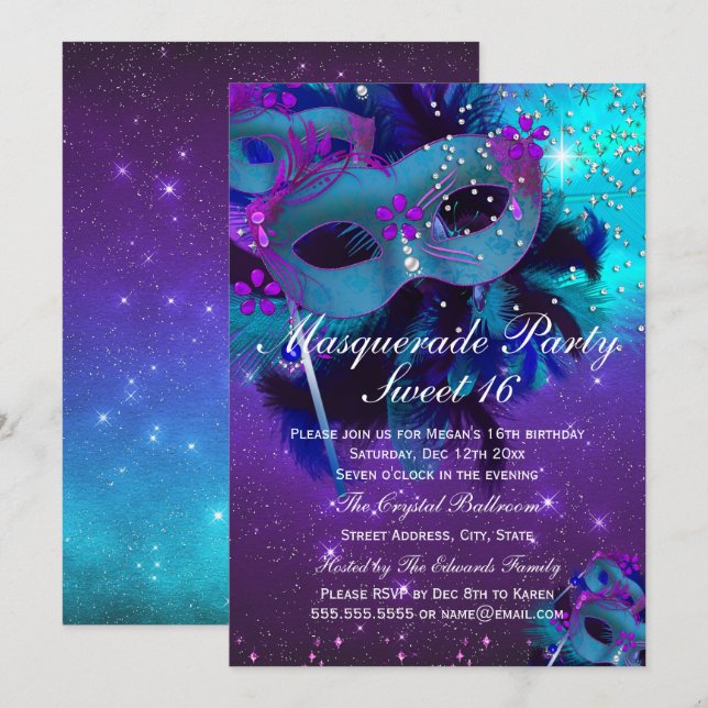 Teal Purple Feather Jewel Mask Masquerade Invite (Front/Back)