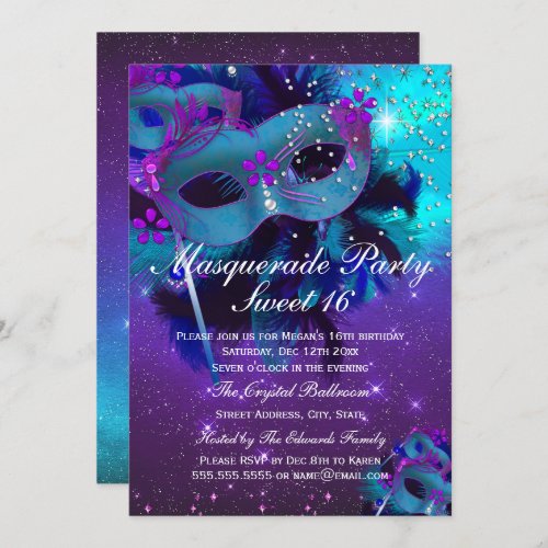 Teal Purple Feather Jewel Mask Masquerade Invite