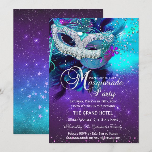 Teal Purple Feather Mask Masquerade Birthday 2 Invitation (Front/Back)