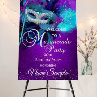 Teal Purple Feather Mask Masquerade Birthday Foam Board