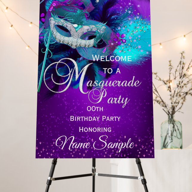 Teal Purple Feather Mask Masquerade Birthday Foam Board (In Situ (Stand))