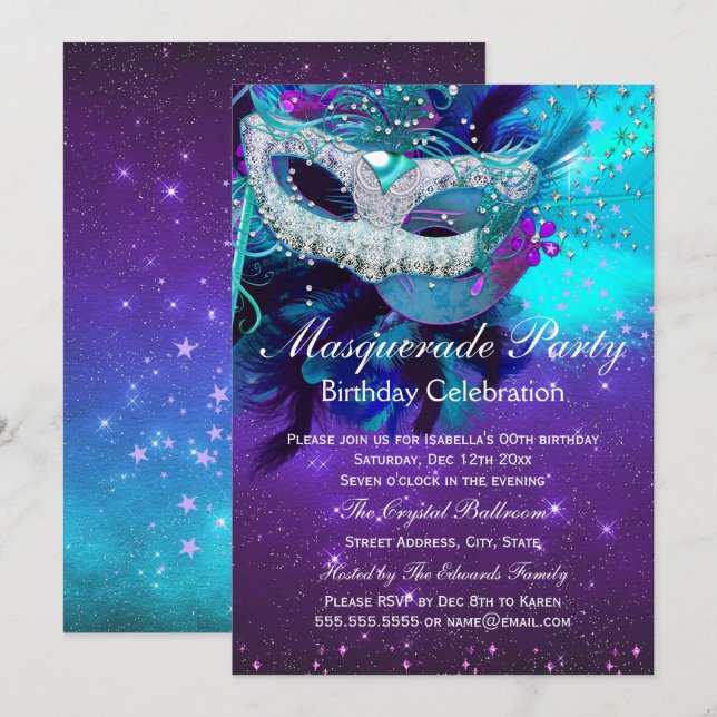 Teal Purple Feather Mask Masquerade Birthday Invitation (Front/Back)