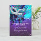 Teal Purple Feather Mask Masquerade Birthday Invitation (Standing Front)