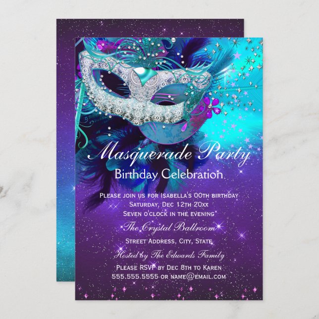 Teal Purple Feather Mask Masquerade Birthday Invitation (Front/Back)