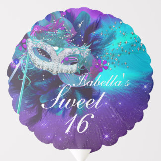 Teal Purple Feather Mask Masquerade Sweet 16 Balloon