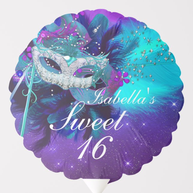 Teal Purple Feather Mask Masquerade Sweet 16 Balloon (Front)