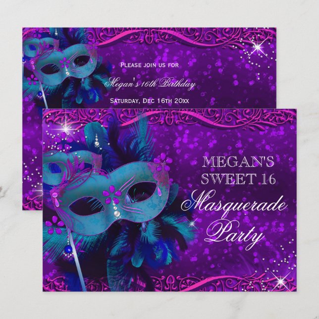 Teal Purple Feather Mask Masquerade Sweet 16 Invitation (Front/Back)