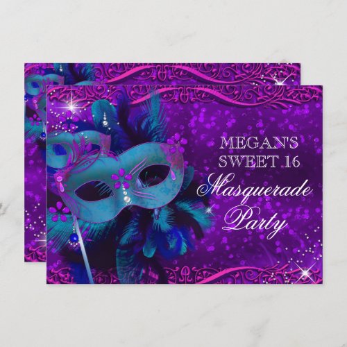 Teal Purple Feather Mask Masquerade Sweet 16 Invitation