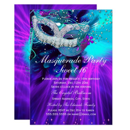 Teal Purple Feather Masked Masquerade Party Invitation