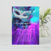 Teal Purple Feather Masked Masquerade Party Invitation (Standing Front)