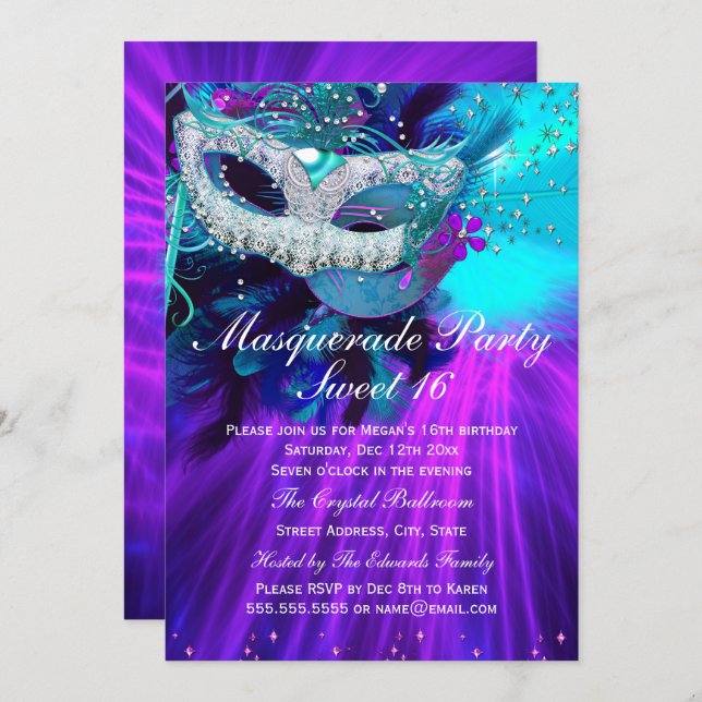 Teal Purple Feather Masked Masquerade Party Invitation (Front/Back)