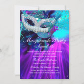 Teal Purple Feather Masked Masquerade Party Invitation (Front)