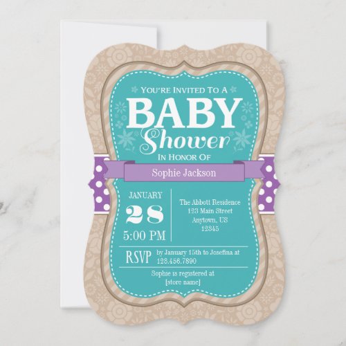 Teal Purple Floral Flower Baby Shower Invitation