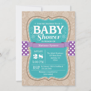 Teal Purple Floral Flower Baby Shower Invitation