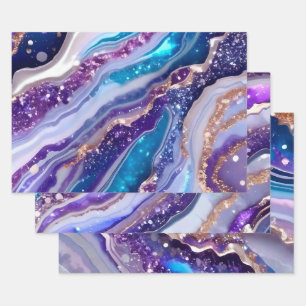Teal Purple Galaxy Agate Marble Pattern Wrapping Paper Sheets