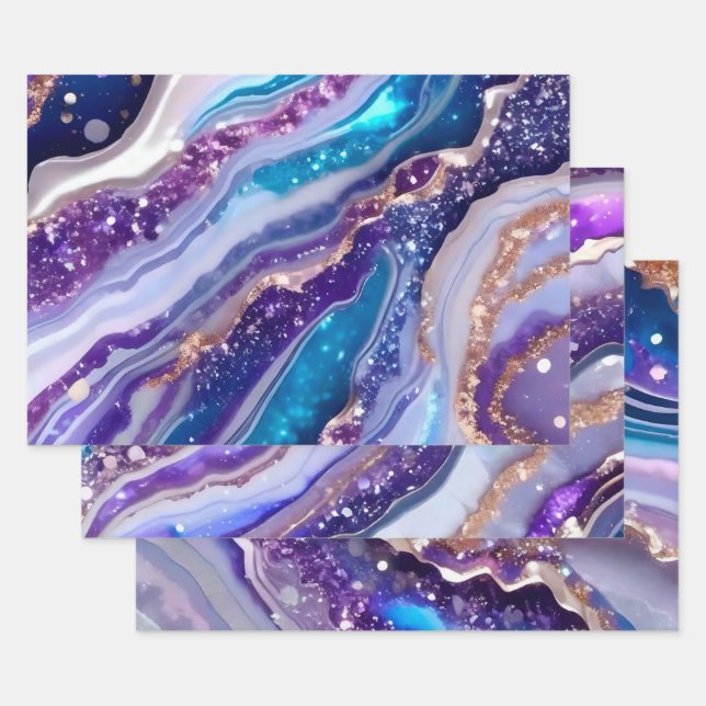 Teal Purple Galaxy Agate Marble Pattern Wrapping Paper Sheets (Set)