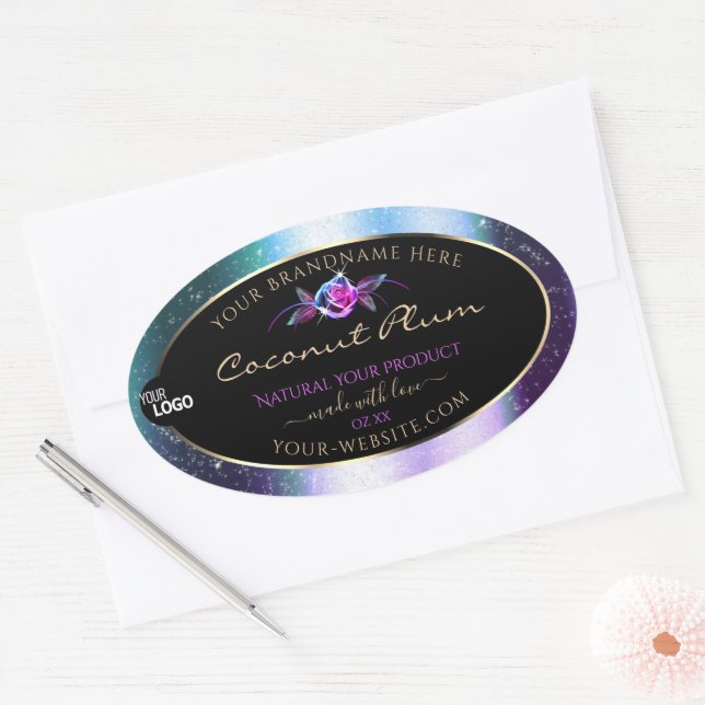 Teal Purple Glitter Black Product Labels with Logo (Envelope)