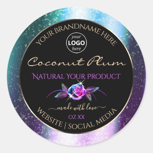 Teal Purple Glitter Black Product Labels with Logo