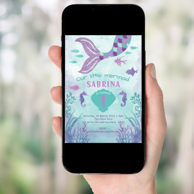 Teal, Purple, Glitter, Mermaid, Girl Birthday Invitation (Front Digital)