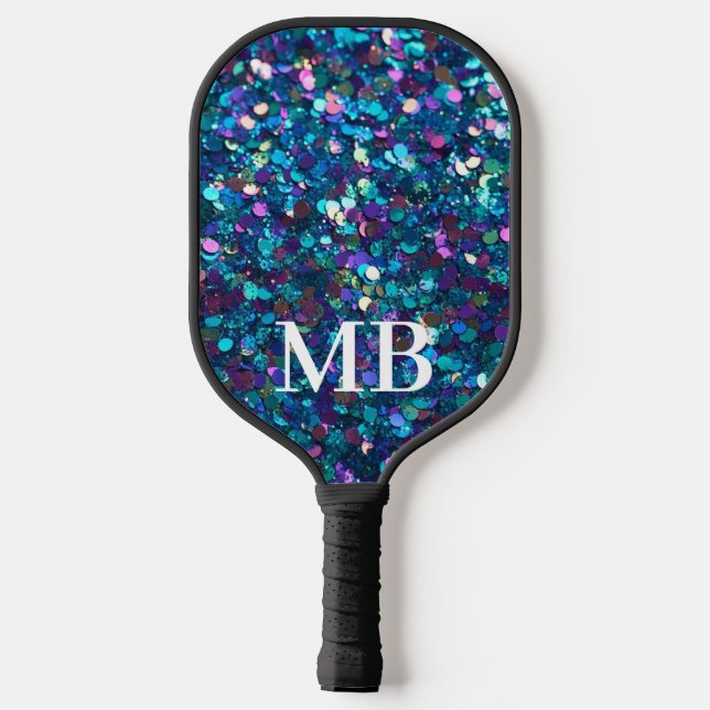 Teal Purple Glitter Sparkle Glam Monogram Carbon Fiber Pickleball Paddle (Back)