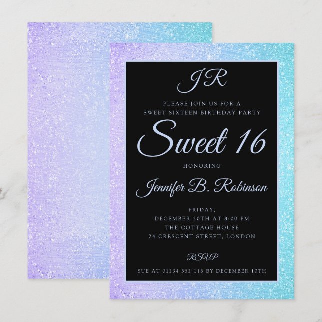 Teal Purple Glitter Sweet 16 Birthday Monogram Invitation (Front/Back)