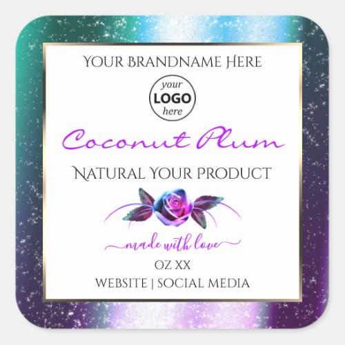 Teal Purple Glitter White Product Labels with Logo
