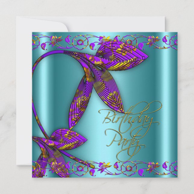 Teal Purple Gold Floral Birthday Party Invitation (Front)