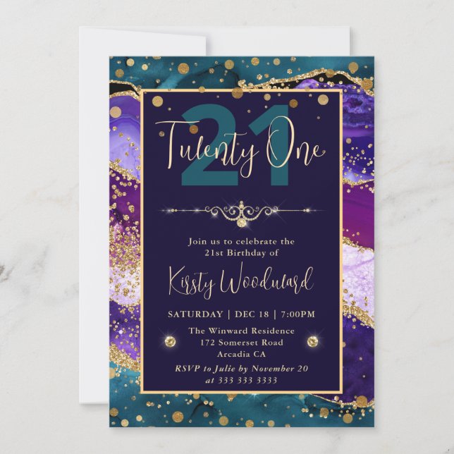 Teal & Purple & Gold Glitter Agate Birthday Party Invitation (Front)