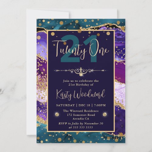 Teal  Purple  Gold Glitter Agate Birthday Party Invitation