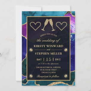 Teal, Purple & Gold Glitter Peacock Agate Wedding Invitation