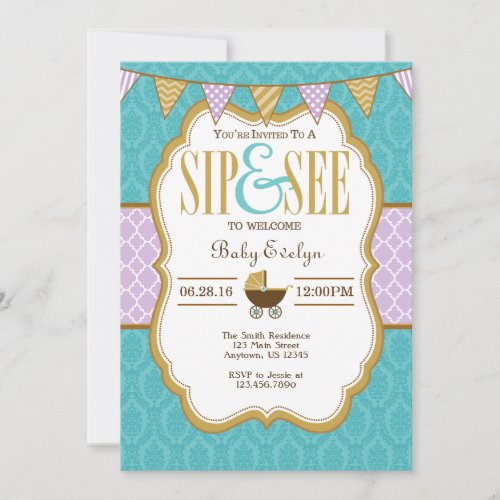 Teal Purple Gold Sip And See Invitation