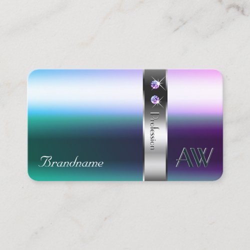 Teal Purple Gradient Metal Silver Optics Monogram Business Card