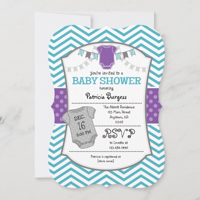 Teal Purple Gray Chevron Baby Shower Invitation (Front)