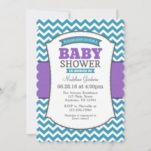 Teal Purple Gray Chevron Baby Shower Invitation