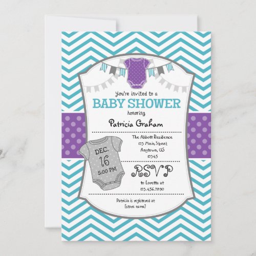 Teal Purple Gray Chevron Baby Shower Invitation